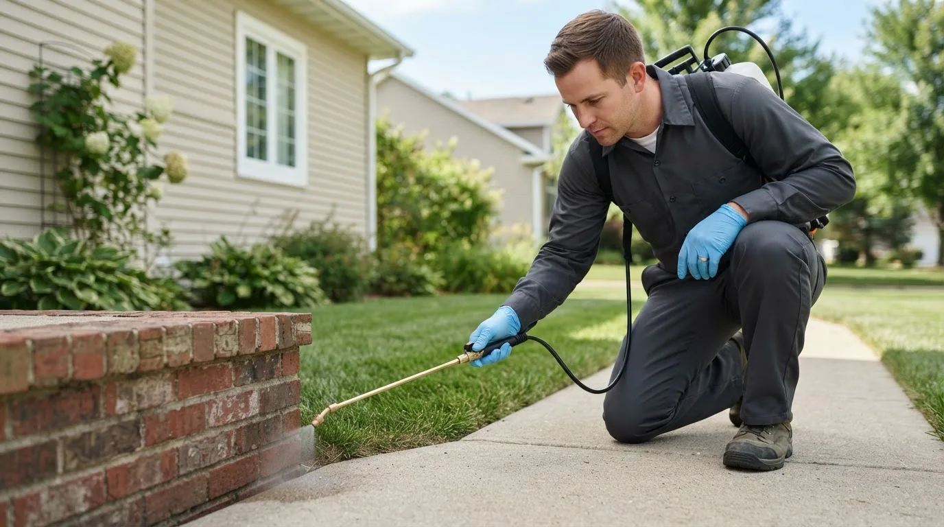 Pest control technician treating a home near Elysian, MN